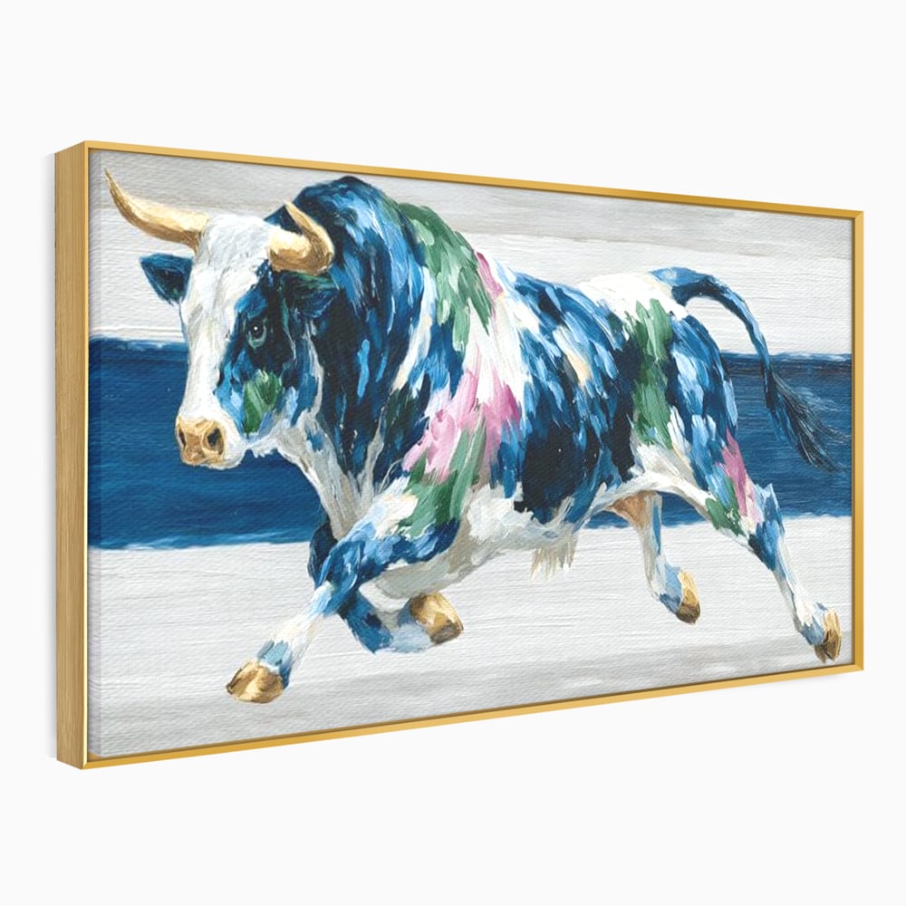 Tablou canvas cu tablou canvas pictura taur in miscare, in rama de aluminiu auriu